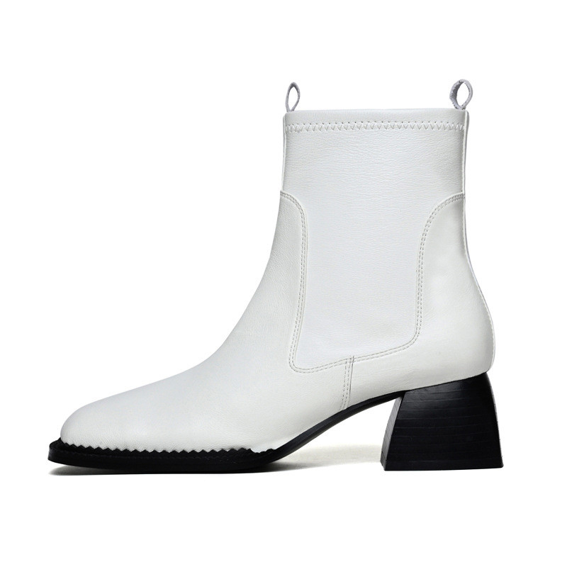 Classical white Leather Square Heel Ankle Boots Chunky Heel Casual Women Heeled Shoes