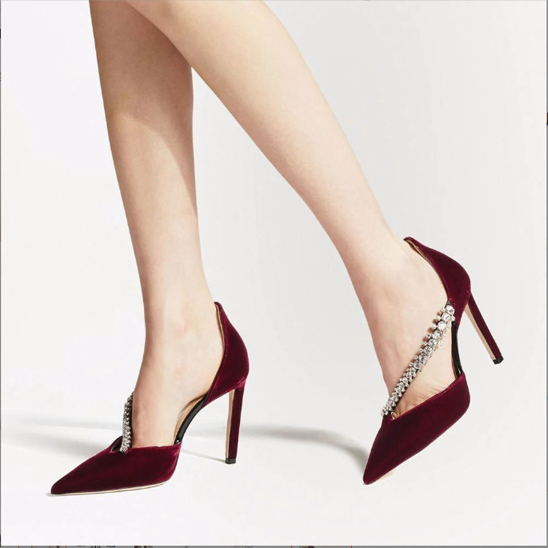 Women High Heeled Suede Pointed Toe Shoes Luxury Sandals Crystal Lady Strap Wedding Red For Party