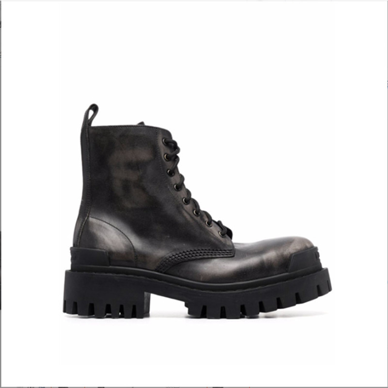 Women High Quality Thick Heel Thick Soled Shoes Lace Up Motorcycle Boots Round Toe Genuine Leather